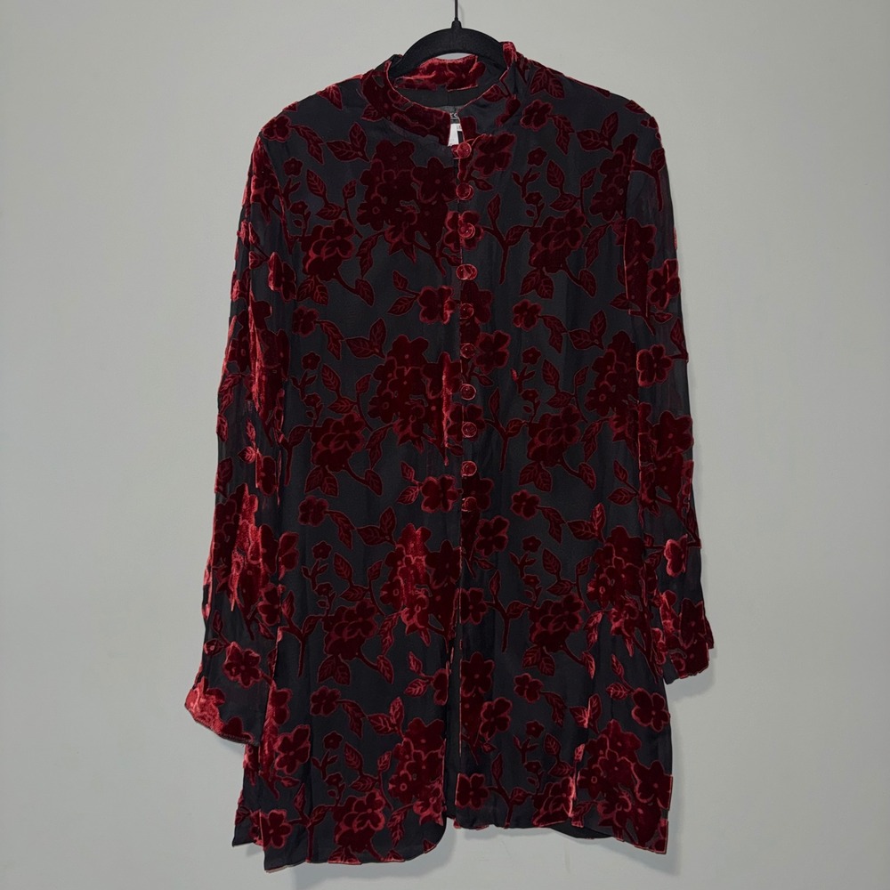 Vintage Oberon Red Black Silk Blend Floral‎ Velvet Burnout Button Front Tunic 12